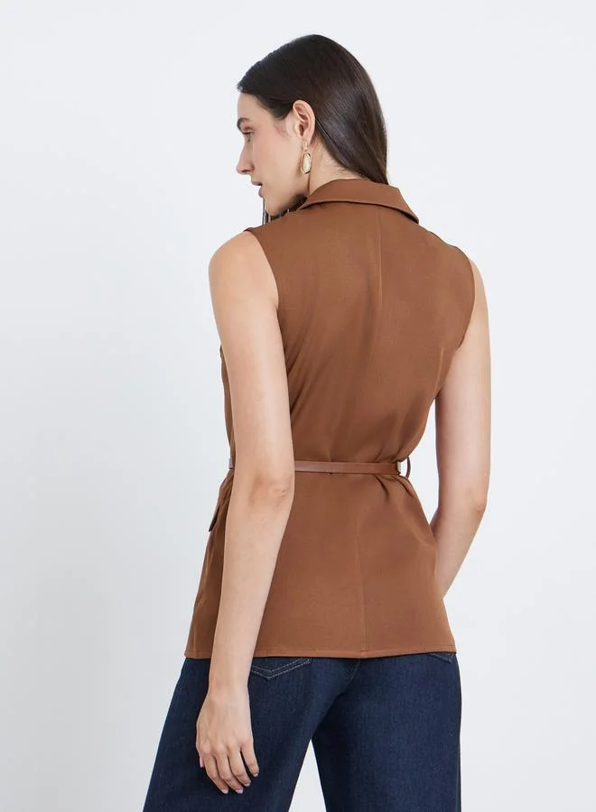 Styli Styli Solid Notch Label Neck Waistcoat with Belt