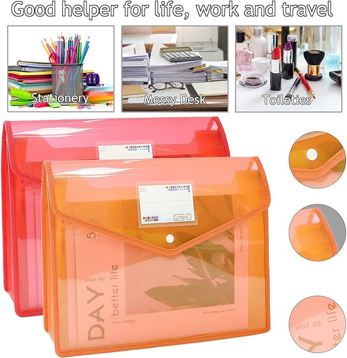 ANG A4 Plastic File Folder Poly Envelope Expanding File Wallet Document Organizer with Snap Closure & Label Pocket Clear Coloured Waterproof Accordion File Pouch for Office Home Storage (Set of 4) - Image 4