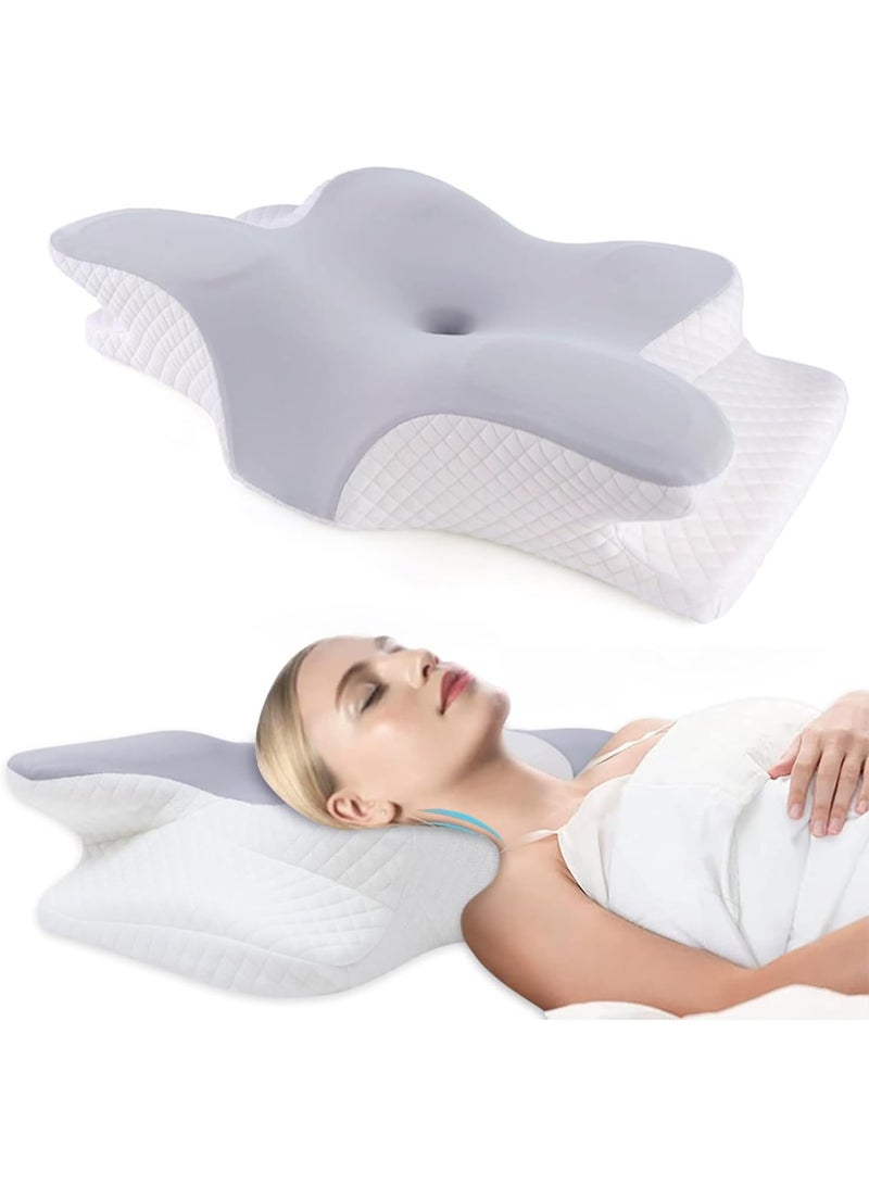 منزل الغابة وسادة رقبة على شكل فراشة لتخفيف آلام الكتف والرقبة، وسادة رقبة من إسفنج الذاكرة، وسادة مريحة لدعم الرقبة لتقويم العظام للنوم الجانبي في المعدة مع غطاء قابل للغسل (رمادي) - Image 1