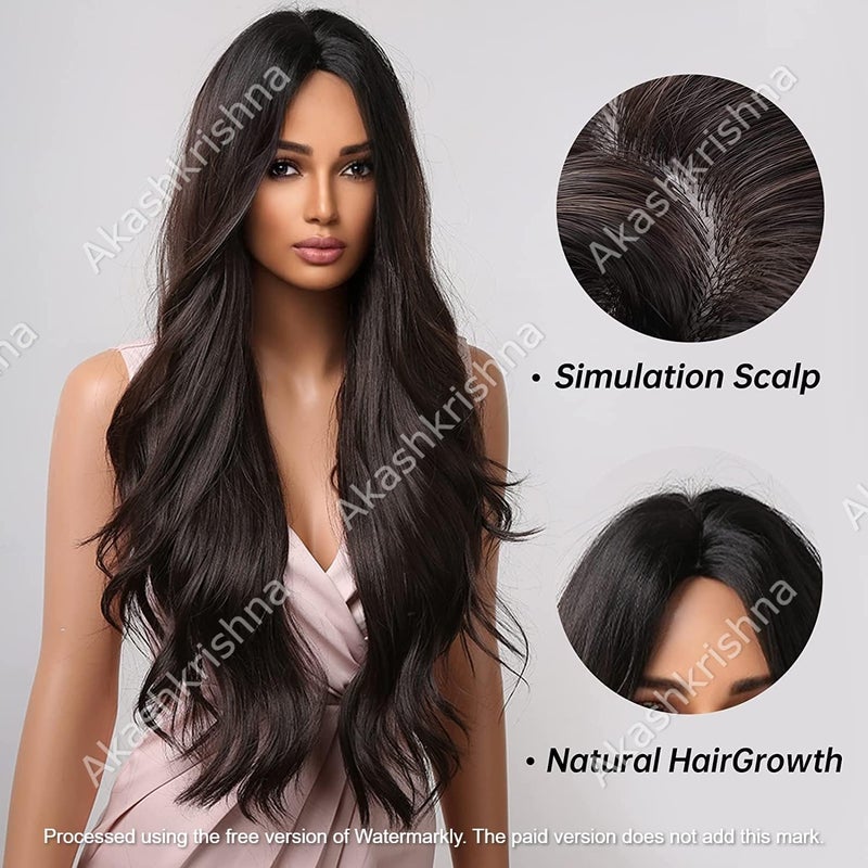 Akashkrishna Hair Wigs For Women Long Synthetic Centre Parting Curly Wavy Wigs Cancer Alopecia Chemo Wigs 24 Inch Includes Wig cap comb Brown - Image 5