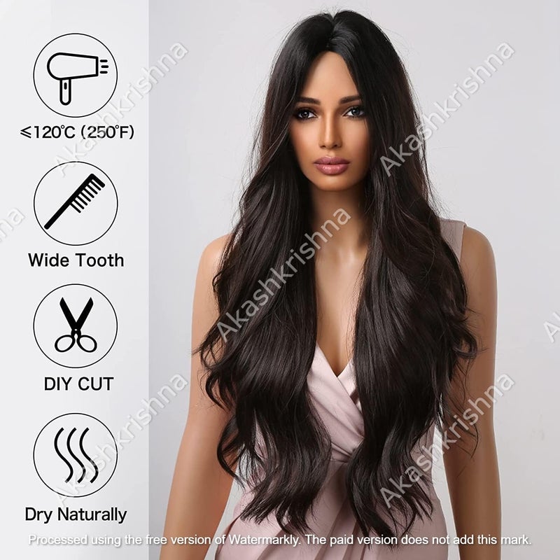 Akashkrishna Hair Wigs For Women Long Synthetic Centre Parting Curly Wavy Wigs Cancer Alopecia Chemo Wigs 24 Inch Includes Wig cap comb Brown - Image 4