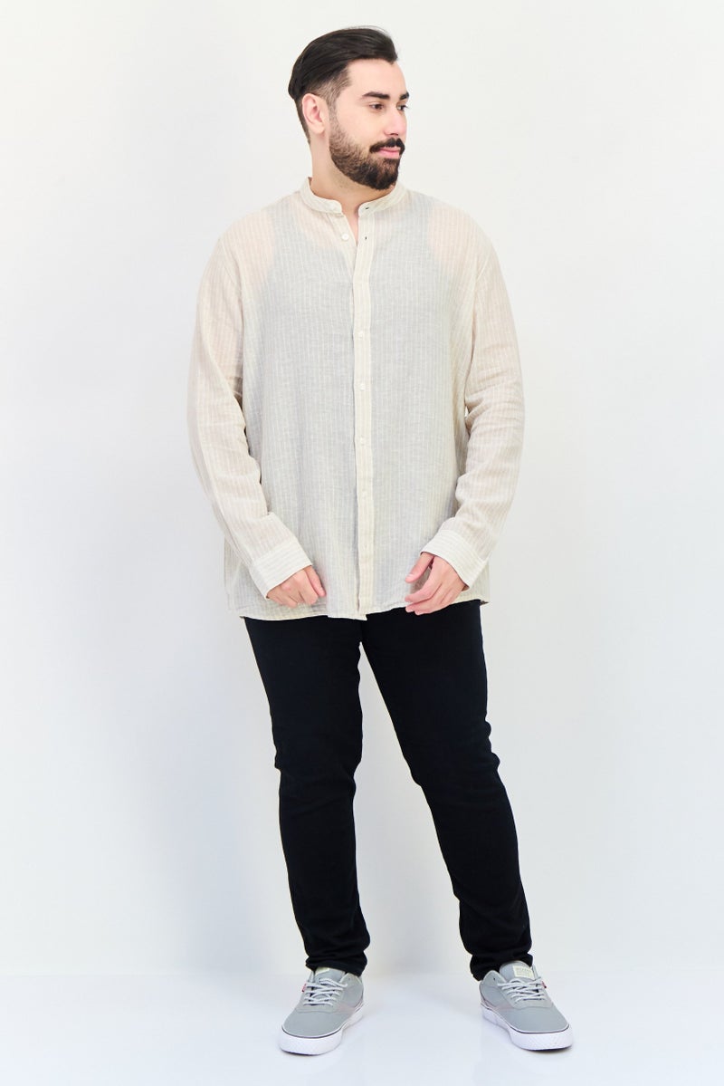 Celio قميص رجالي عادي بقصة مريحة بأكمام طويلة مخطط، بيج - Image 4