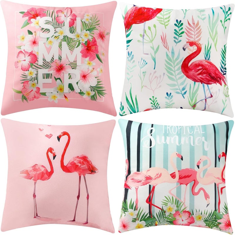 4 Flamingo Throw Pillow Covers 18 X 18 Inch Decorative Pink Bird Pillowcases Leaves Cushion Covers for Sofa Couch Summer Holiday Home Decor (Sets A)