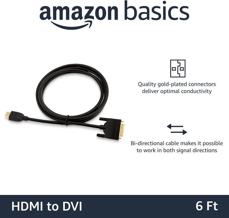 كابل محول HDMI إلى DVI من ، ثنائي الاتجاه 1080p، مطلي بالذهب، أسود، طول 6 أقدام (2 متر)، عبوة واحدة - Image 2