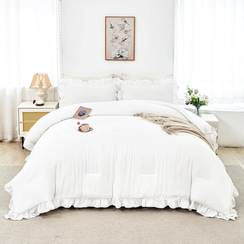ANGIYUIN 5 Pieces White Full Size Bed in A Bag for Kids Girls Ruffle Bedding Sets Solid Ruffled Comforter Set Vintage Farmhouse Bedding Comforter Sets with Sheets(White Full) - Image 1
