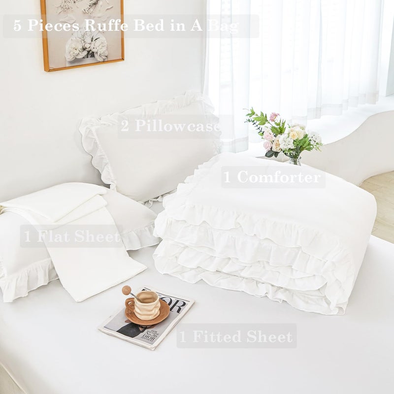 ANGIYUIN 5 Pieces White Full Size Bed in A Bag for Kids Girls Ruffle Bedding Sets Solid Ruffled Comforter Set Vintage Farmhouse Bedding Comforter Sets with Sheets(White Full) - Image 4