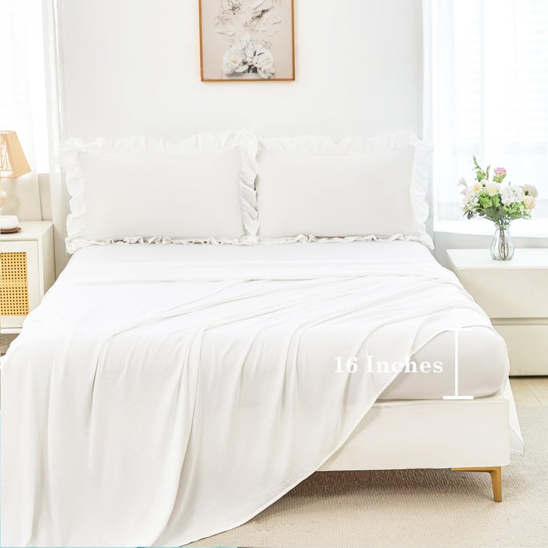 ANGIYUIN 5 Pieces White Full Size Bed in A Bag for Kids Girls Ruffle Bedding Sets Solid Ruffled Comforter Set Vintage Farmhouse Bedding Comforter Sets with Sheets(White Full) - Image 5
