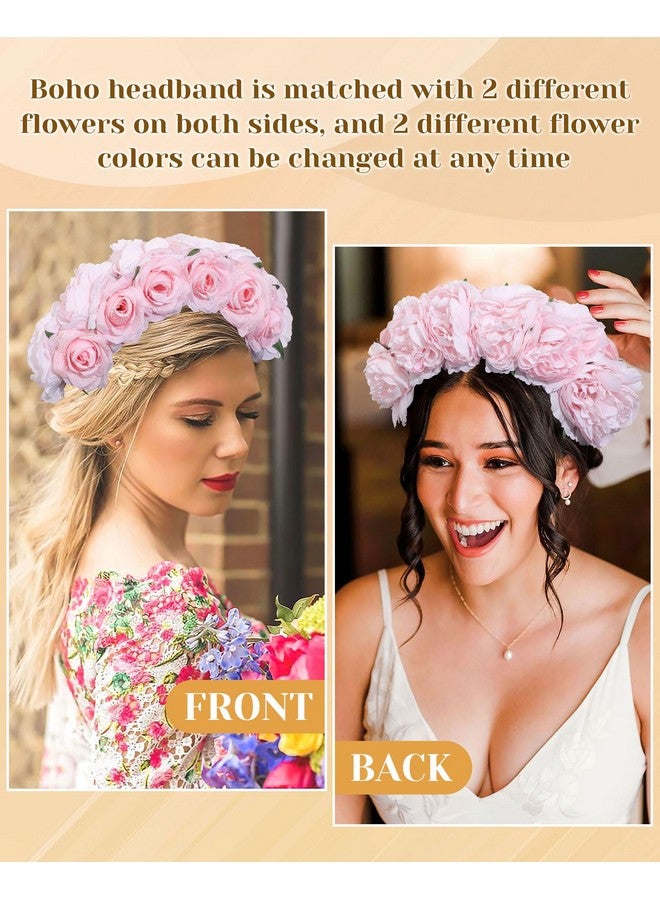 CHLINS Boho Floral Headbands for Women Double Sided Flower Crown Headband Non Slip Wide Hairband Flower Headpiece for Wedding Party Birthday (Pink) - Image 3