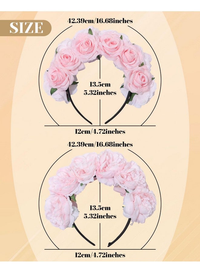 CHLINS Boho Floral Headbands for Women Double Sided Flower Crown Headband Non Slip Wide Hairband Flower Headpiece for Wedding Party Birthday (Pink) - Image 2