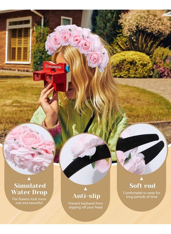CHLINS Boho Floral Headbands for Women Double Sided Flower Crown Headband Non Slip Wide Hairband Flower Headpiece for Wedding Party Birthday (Pink) - Image 4