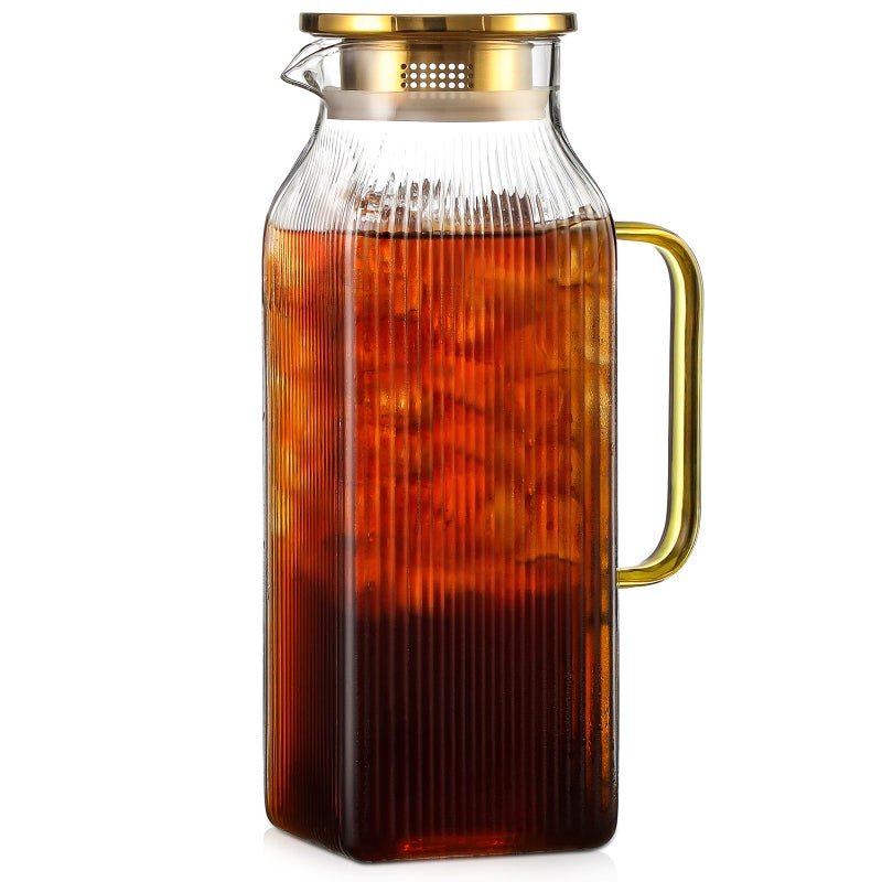 Snuvid 2 Liter/68 oz Square Glass Pitcher with Lid, Classic Stripes Water Pitchers with Handle for Fridge, Large Jug for Iced Tea, Coffee, Borosilicate Glass Carafe for Hot/Cold Brew Drink, Gold - Image 1