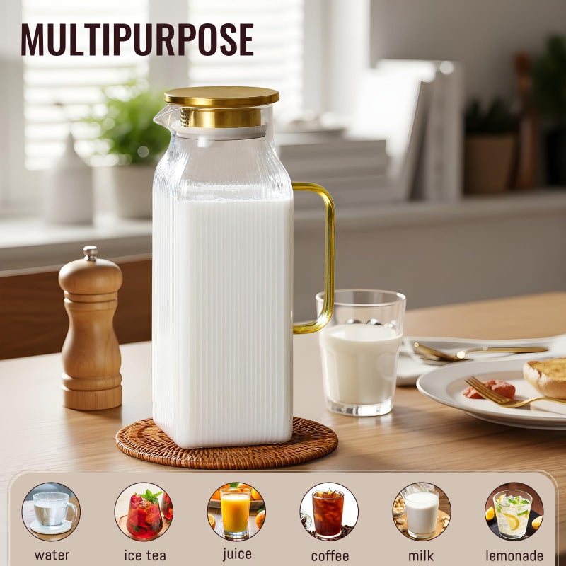 Snuvid 2 Liter/68 oz Square Glass Pitcher with Lid, Classic Stripes Water Pitchers with Handle for Fridge, Large Jug for Iced Tea, Coffee, Borosilicate Glass Carafe for Hot/Cold Brew Drink, Gold - Image 3