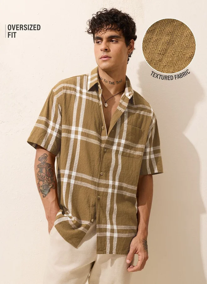 ذا سوليد ستور The Souled Store Men Oversized Fit Checked Mustard Textured Shirt