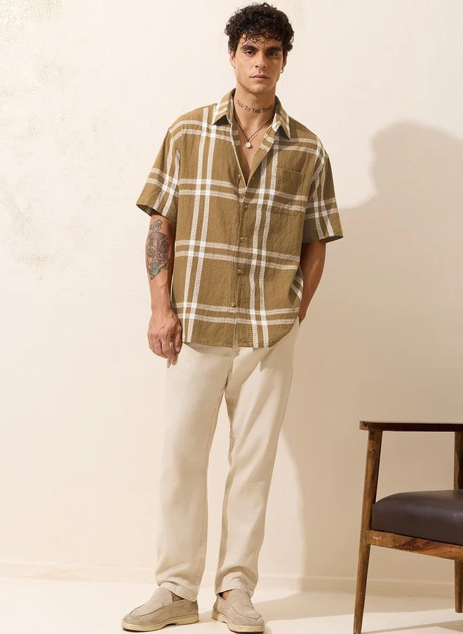 The Souled Store  The Souled Store Men Oversized Fit Checked Mustard Textured Shirt  | Best Price UAE