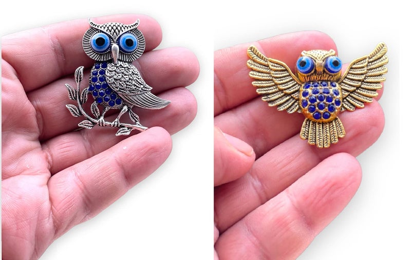 BLUE BEADS Gold and Silver Owl Turkish Evil Eye Fridge Refrigerator Sticker Magnet - Sign of Good Luck & Protection Unique Souvenir Items Home and Office Decorative Things & Car Accessories - Image 1