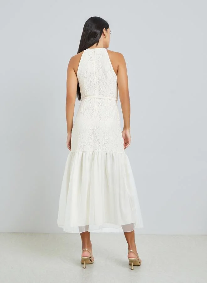 Styli  Off-White Lace Sleeveless Ruffled Hem Maxi Dress for Women | Best Price UAE