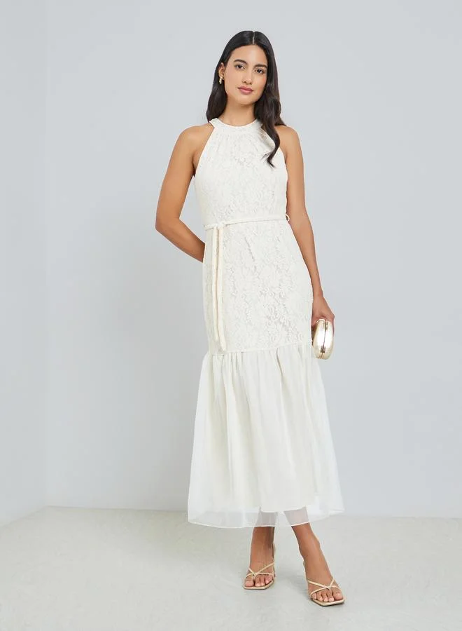 Off-White Lace Sleeveless Ruffled Hem Maxi Dress