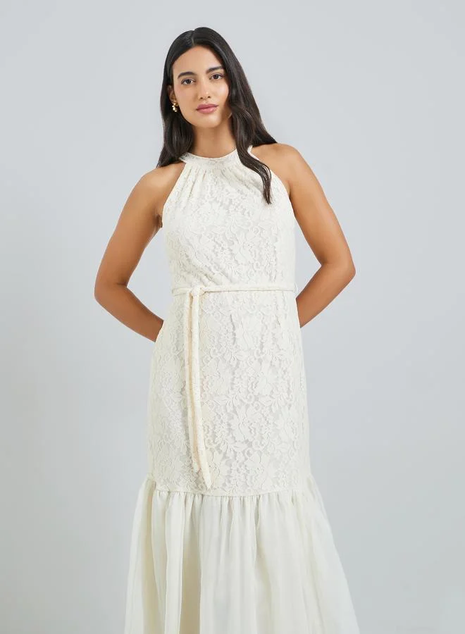 Styli  Off-White Lace Sleeveless Ruffled Hem Maxi Dress for Women | Best Price UAE