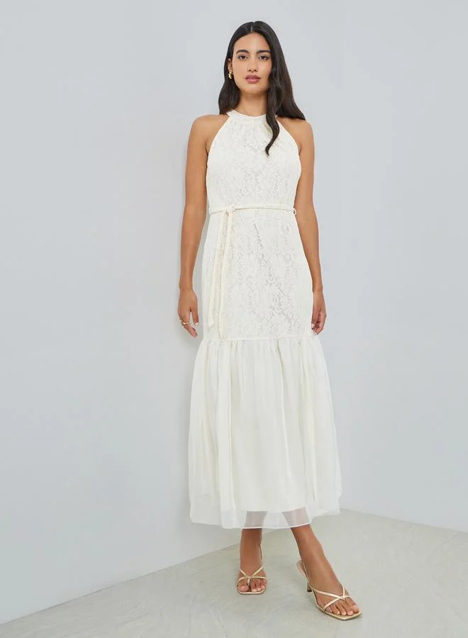 Styli  Off-White Lace Sleeveless Ruffled Hem Maxi Dress for Women | Best Price UAE
