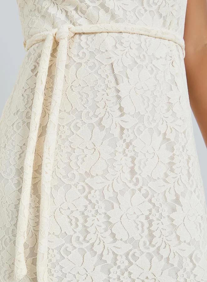 Styli  Off-White Lace Sleeveless Ruffled Hem Maxi Dress for Women | Best Price UAE