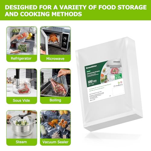 Bonsenkitchen أكياس فراغية مسبقة القطع من بونسين كيتشن 100 باينت 6" × 10"، خالية من BPA، أكياس فراغية ذات جودة تجارية، أكياس سميكة منقوشة لتخزين الطعام والطهي بطريقة السوس فيد VB3204 - Image 3