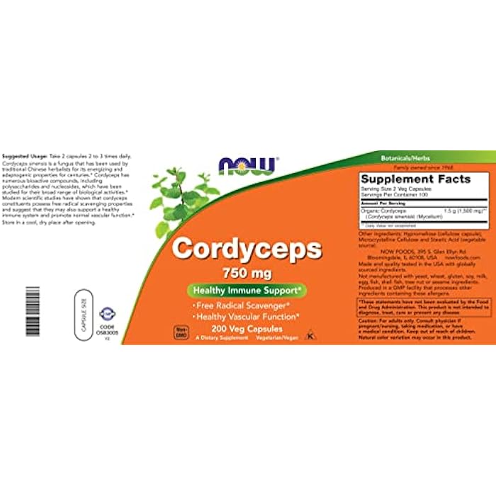 NOW Foods Cordyceps 750mg 200 Veg Caps - Organic Cordycep Sinensis Mycelium Mushroom in Non-Organic Capsules - Vegan, Non-GMO - Image 4
