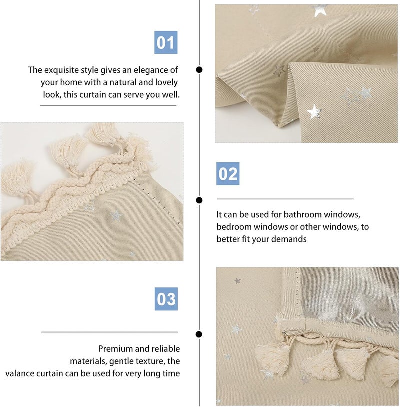 Kitchen Curtain Valance Tassel Decorative Short Window Curtain Beige 132cm X 46cm Rod Pocket for Kitchen and Dining Room - Image 3