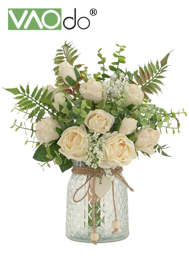 VAOdo Artificial Flowers with Vase, Faux Silk Flower Fake Rose and Plant, No Fade Fake Plants, Faux Flower for Wedding Party Home Decor Porch Window Sill Office - Image 1