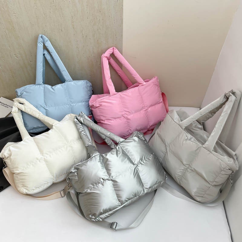Women Nylon Tote Bag Soft Warm Quilted Handbag Shoulder Bag Large Capacity - Image 3