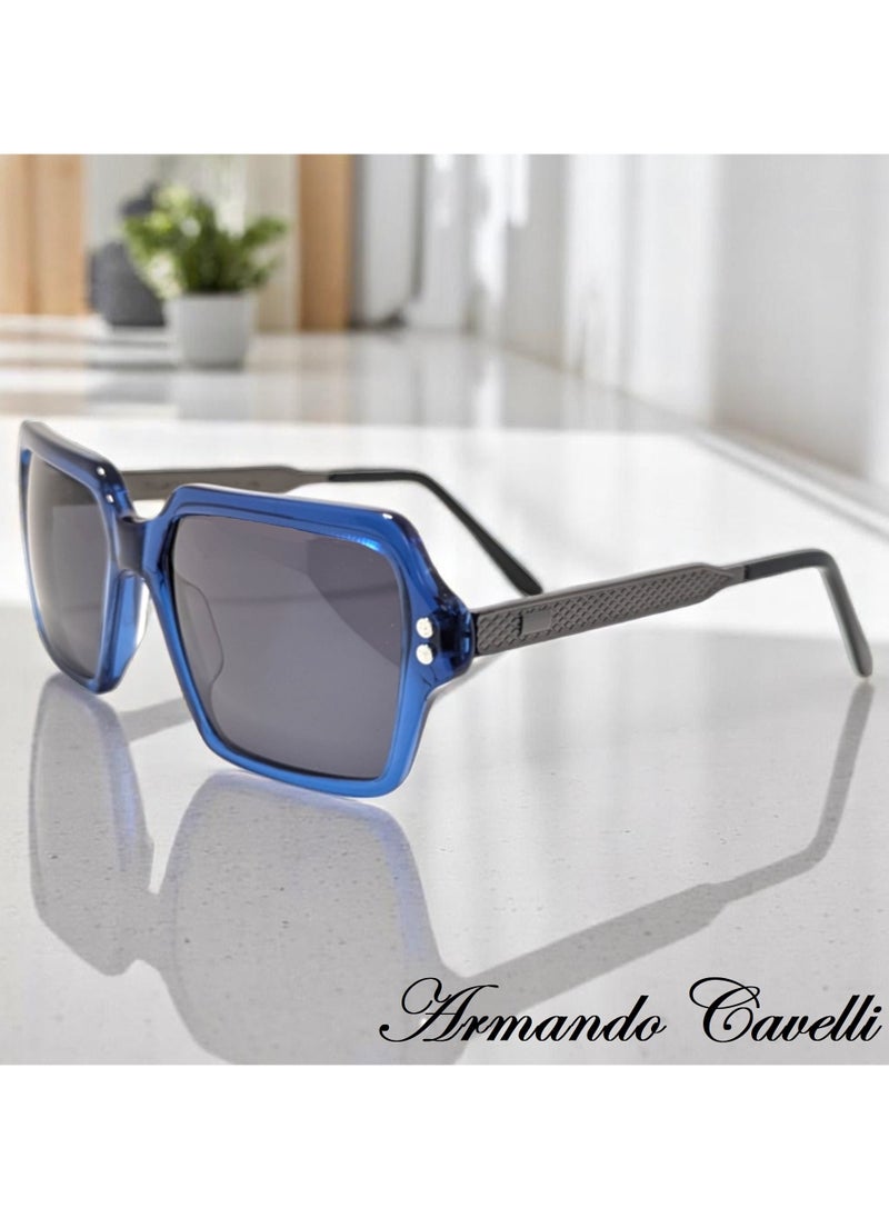 Authentic Armando Cavelli sunglasses, crafted from carefully selected premium acetate for a luxurious look and longevity with extensive use. This model combines modernity and classic style, with a raw blue acetate front and gunmetal -plated metal temples to complete your luxury look. Comes with premium polymer lenses offer UV400 protection in a grey