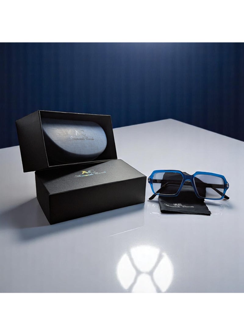Authentic Armando Cavelli sunglasses, crafted from carefully selected premium acetate for a luxurious look and longevity with extensive use. This model combines modernity and classic style, with a raw blue acetate front and gunmetal -plated metal temples to complete your luxury look. Comes with premium polymer lenses offer UV400 protection in a grey