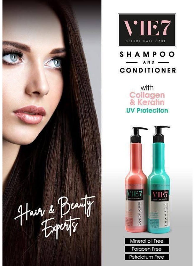 Vie7 Deluxe Hair Care Set (Shampoo & Conditioner) - Infused with Collagen & Keratin - UV Protection - Free from Mineral Oil, Paraben & Petrolatum - Professional Salon Quality