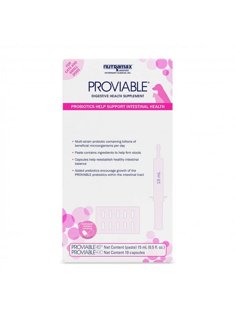 Nutramax Proviable Digestive Health Supplement Kit with Multi-Strain Probiotics and Prebiotics for Cats and Small Dogs, With 7-Strains of Bacteria, 15 mL Paste and 10 Capsules