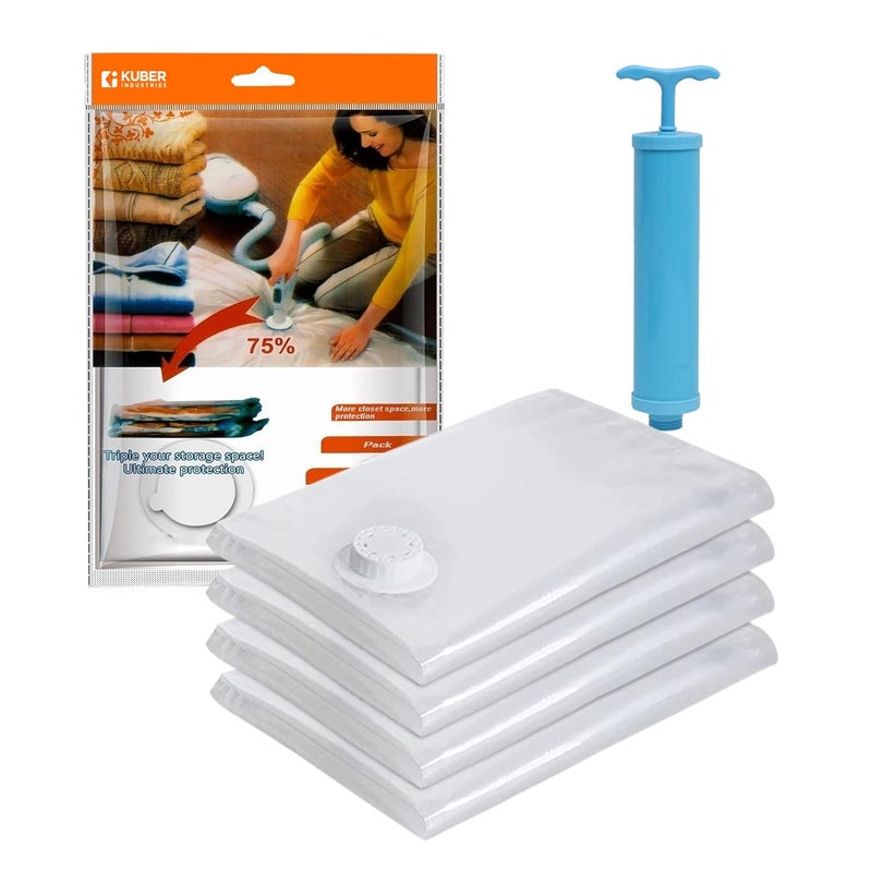 Kuber Industries Vacuum Storage Bags Travel Space Saver Seal Bags Vacuum Bags Bags for Clothes with Hand Pump 50x70 Pack of 4 Transparent - Image 1