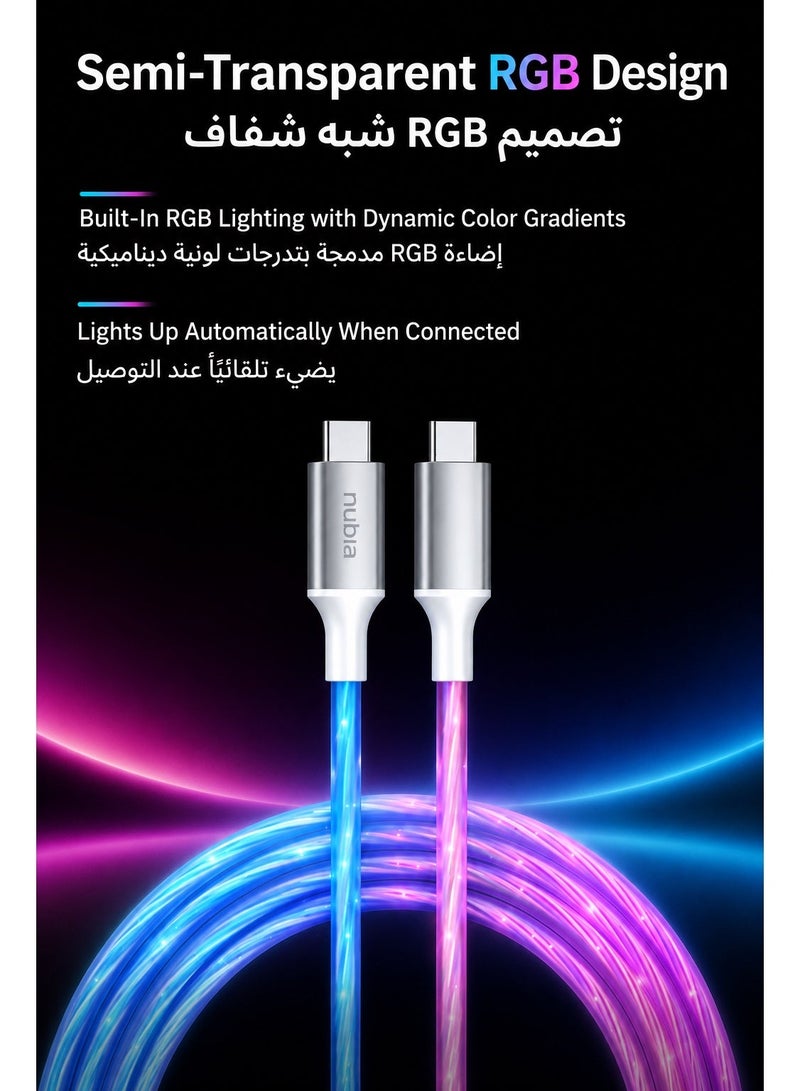 Nubia GT Original 100W RGB USB C Fast Charging Cable, Semi Transparent, 5A E-Marker Cable for RedMagic, Nubia, Astra, Samsung Galaxy, Android, iPad and iPhone 15/16/17 - Image 3