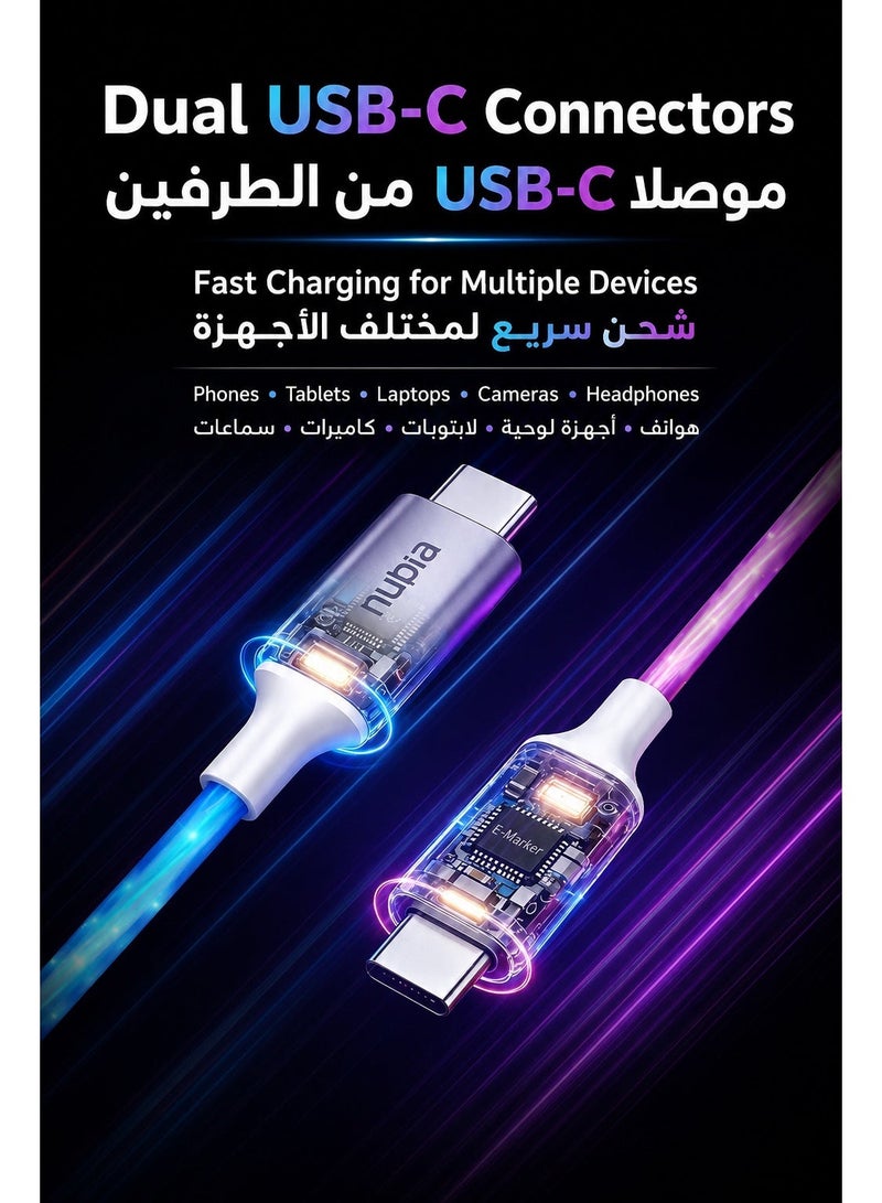 Nubia GT Original 100W RGB USB C Fast Charging Cable, Semi Transparent, 5A E-Marker Cable for RedMagic, Nubia, Astra, Samsung Galaxy, Android, iPad and iPhone 15/16/17 - Image 4