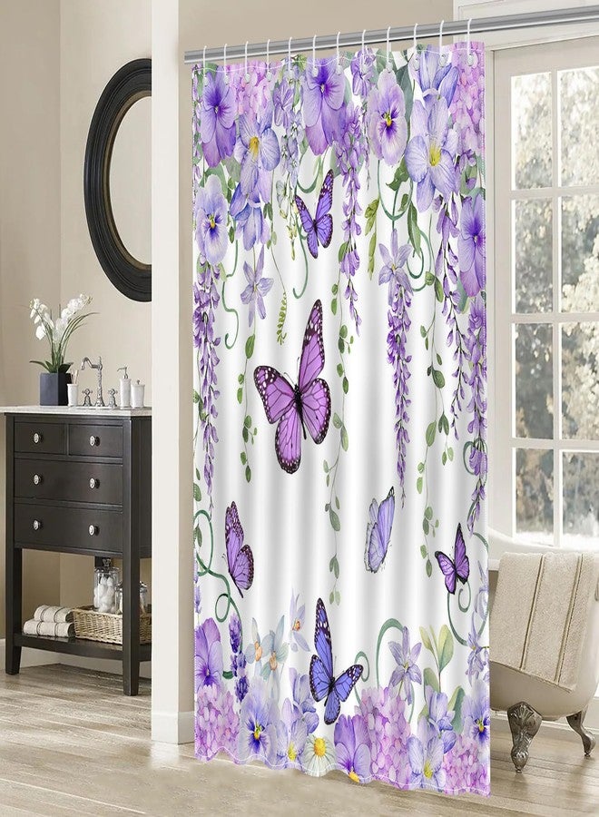 Mocsicka Purple Butterfly Shower Curtain Spring Purple Floral Butterfly Bathroom Shower Curtain Nature Garden Plant Waterproof Fabric Shower Curtain Bathtub Decor with 12 Hooks 72 X 72 Inches（Purple） - Image 3