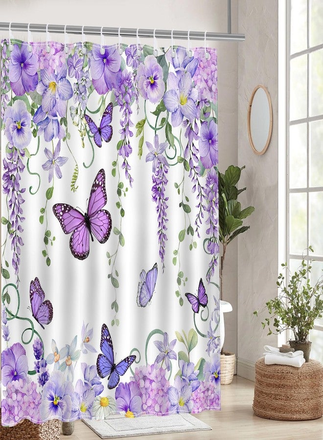 Mocsicka Purple Butterfly Shower Curtain Spring Purple Floral Butterfly Bathroom Shower Curtain Nature Garden Plant Waterproof Fabric Shower Curtain Bathtub Decor with 12 Hooks 72 X 72 Inches（Purple） - Image 4