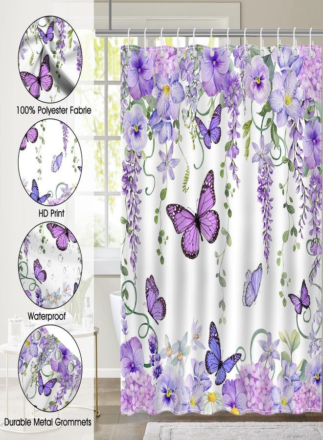 Mocsicka Purple Butterfly Shower Curtain Spring Purple Floral Butterfly Bathroom Shower Curtain Nature Garden Plant Waterproof Fabric Shower Curtain Bathtub Decor with 12 Hooks 72 X 72 Inches（Purple） - Image 5
