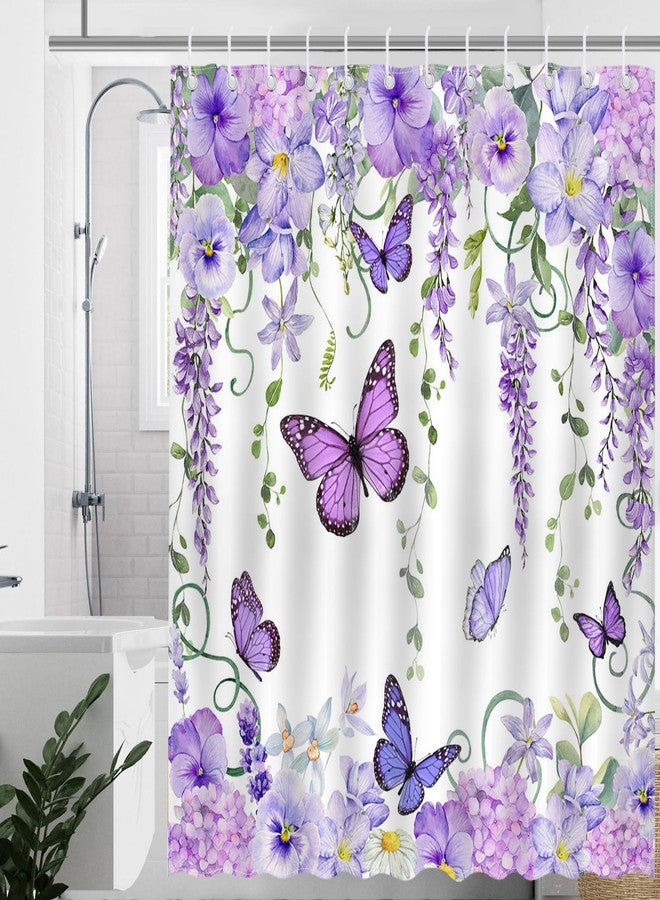 Mocsicka Purple Butterfly Shower Curtain Spring Purple Floral Butterfly Bathroom Shower Curtain Nature Garden Plant Waterproof Fabric Shower Curtain Bathtub Decor with 12 Hooks 72 X 72 Inches（Purple） - Image 2
