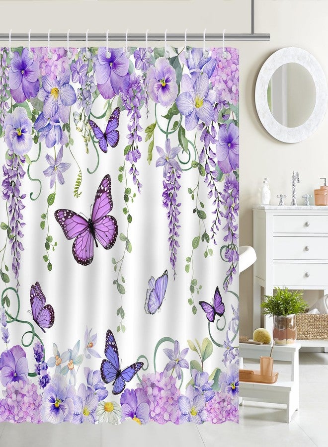 Mocsicka Purple Butterfly Shower Curtain Spring Purple Floral Butterfly Bathroom Shower Curtain Nature Garden Plant Waterproof Fabric Shower Curtain Bathtub Decor with 12 Hooks 72 X 72 Inches（Purple） - Image 1