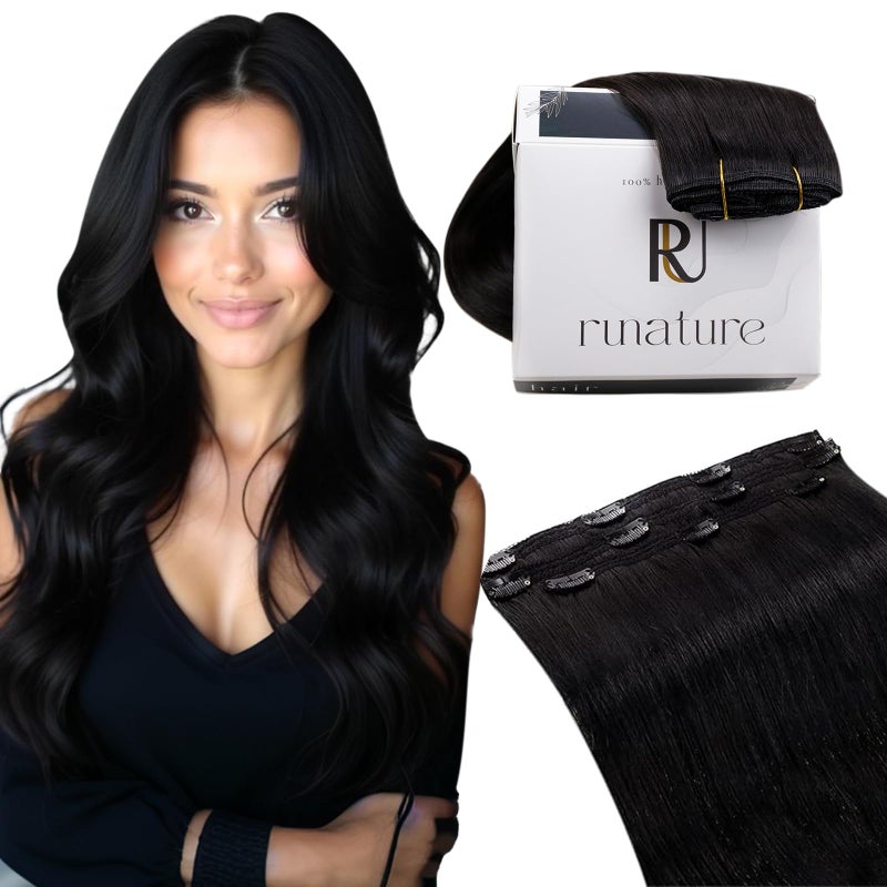 RUNATURE Black Clip in Hair Extensions Real Human Hair Clip in Extensions Short Hair Extensions Clip Ins 12 Inch Remy Natural Hair Easy To Apply 50g 3pcs 1B Off Black