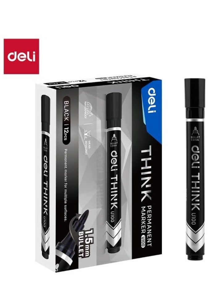 Deli EU10020 قلم تحديد دائم طرف مخروطي 1.5 مم أسود 12 قطعة/علبة – مثالي للاستخدام في المكتب والصناعات - Image 2