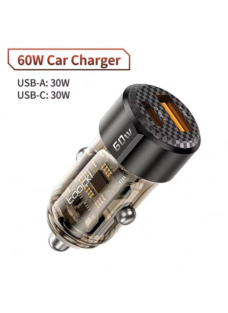 شاحن سيارة Toocki 60 واط، شحن سريع 30 واط، جراب شفاف، PD 27 واط لشحن Fast Charge  - Image 2