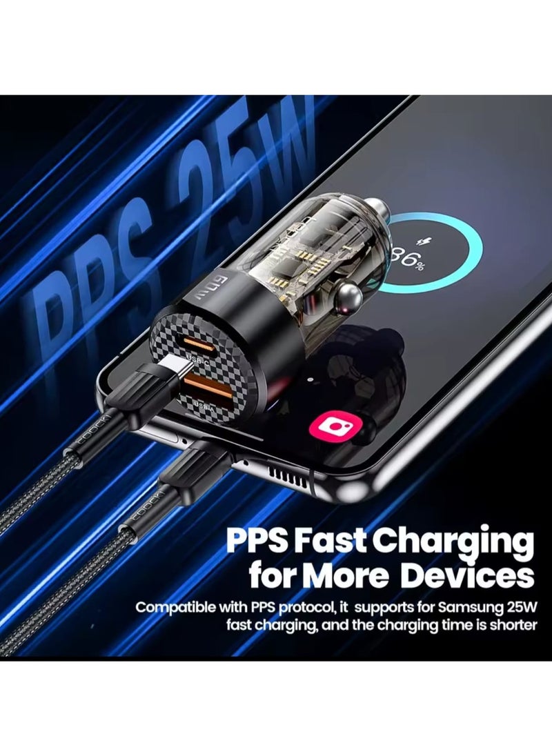 شاحن سيارة Toocki 60 واط، شحن سريع 30 واط، جراب شفاف، PD 27 واط لشحن Fast Charge  - Image 3