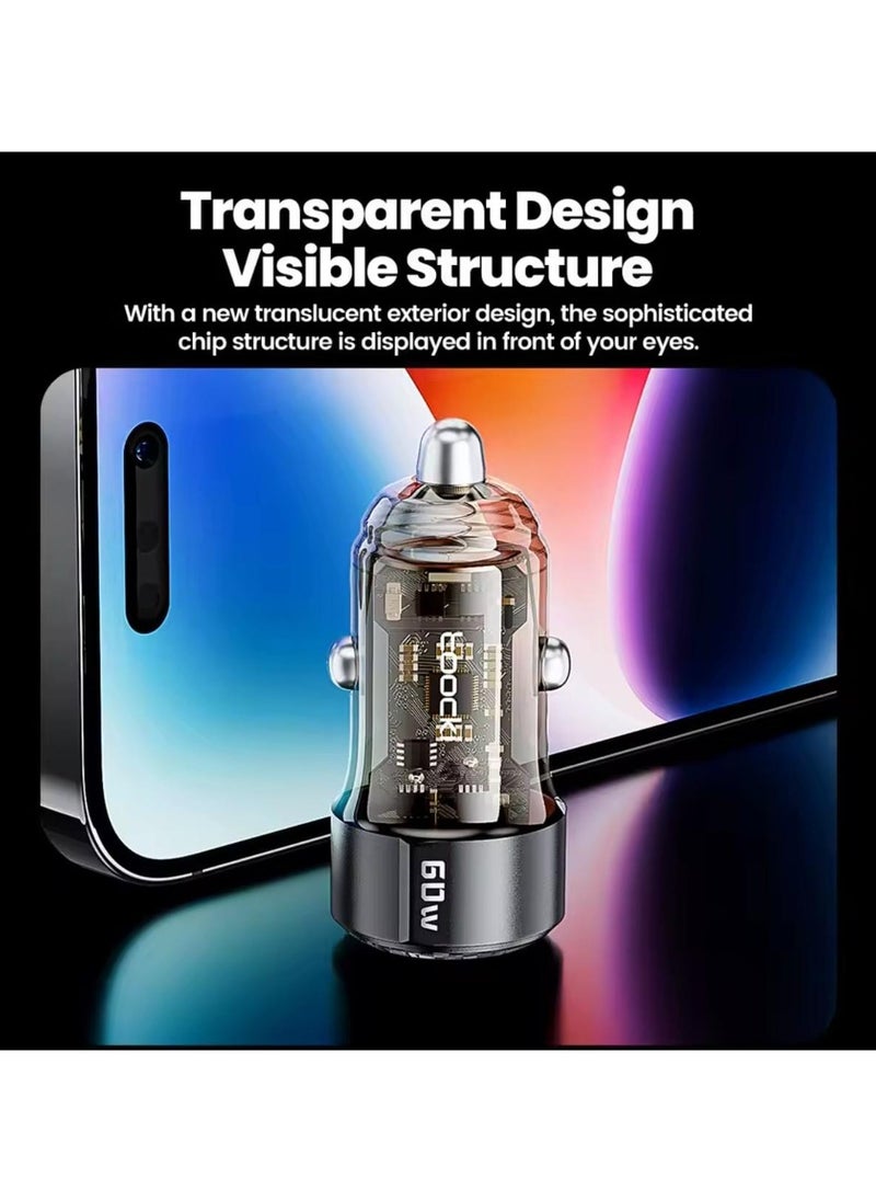 شاحن سيارة Toocki 60 واط، شحن سريع 30 واط، جراب شفاف، PD 27 واط لشحن Fast Charge  - Image 5