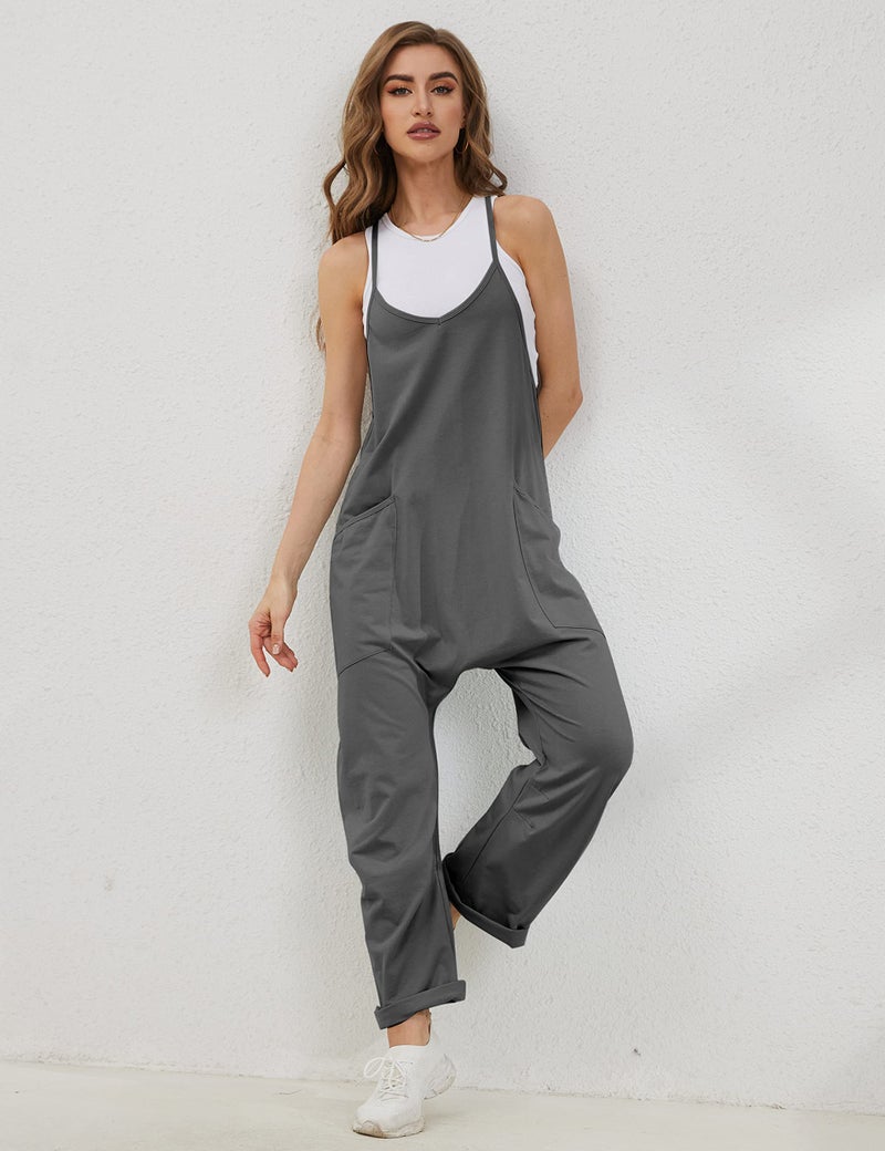 Lentta Women's Causal Jumpsuits V Neck Sleeveless Harem Overalls Stretchy Adjustable Strap Romper with Pockets(DarkGrey-XXL) - Image 3