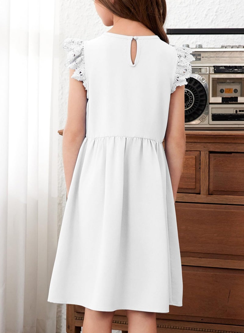 blibean Tween Girls Dress Summer Fashion Sleeveless Semi Formal Dresses Kids Solid Lace 2025 Midi Wedding Gust Bridesmaid Outfits Elegant Fancy Party Flare Clothes Size 14-15 Years White - Image 3