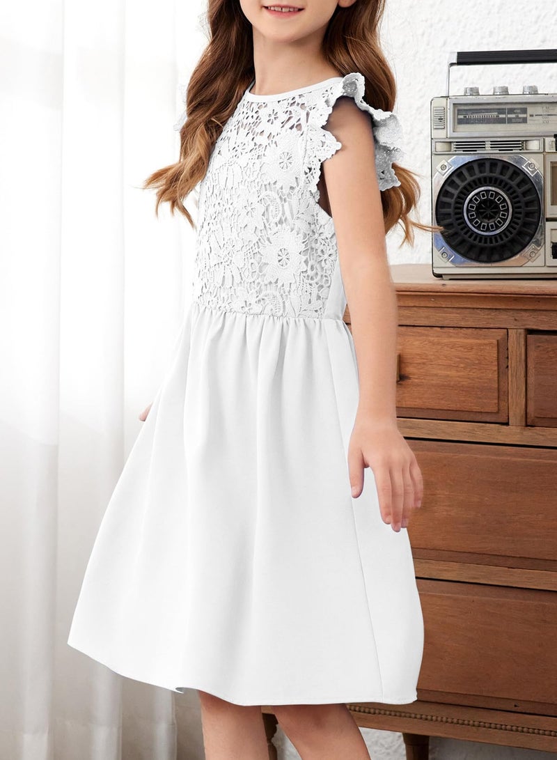 blibean Tween Girls Dress Summer Fashion Sleeveless Semi Formal Dresses Kids Solid Lace 2025 Midi Wedding Gust Bridesmaid Outfits Elegant Fancy Party Flare Clothes Size 14-15 Years White - Image 4