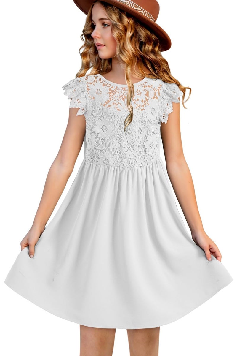 blibean Tween Girls Dress Summer Fashion Sleeveless Semi Formal Dresses Kids Solid Lace 2025 Midi Wedding Gust Bridesmaid Outfits Elegant Fancy Party Flare Clothes Size 14-15 Years White - Image 5